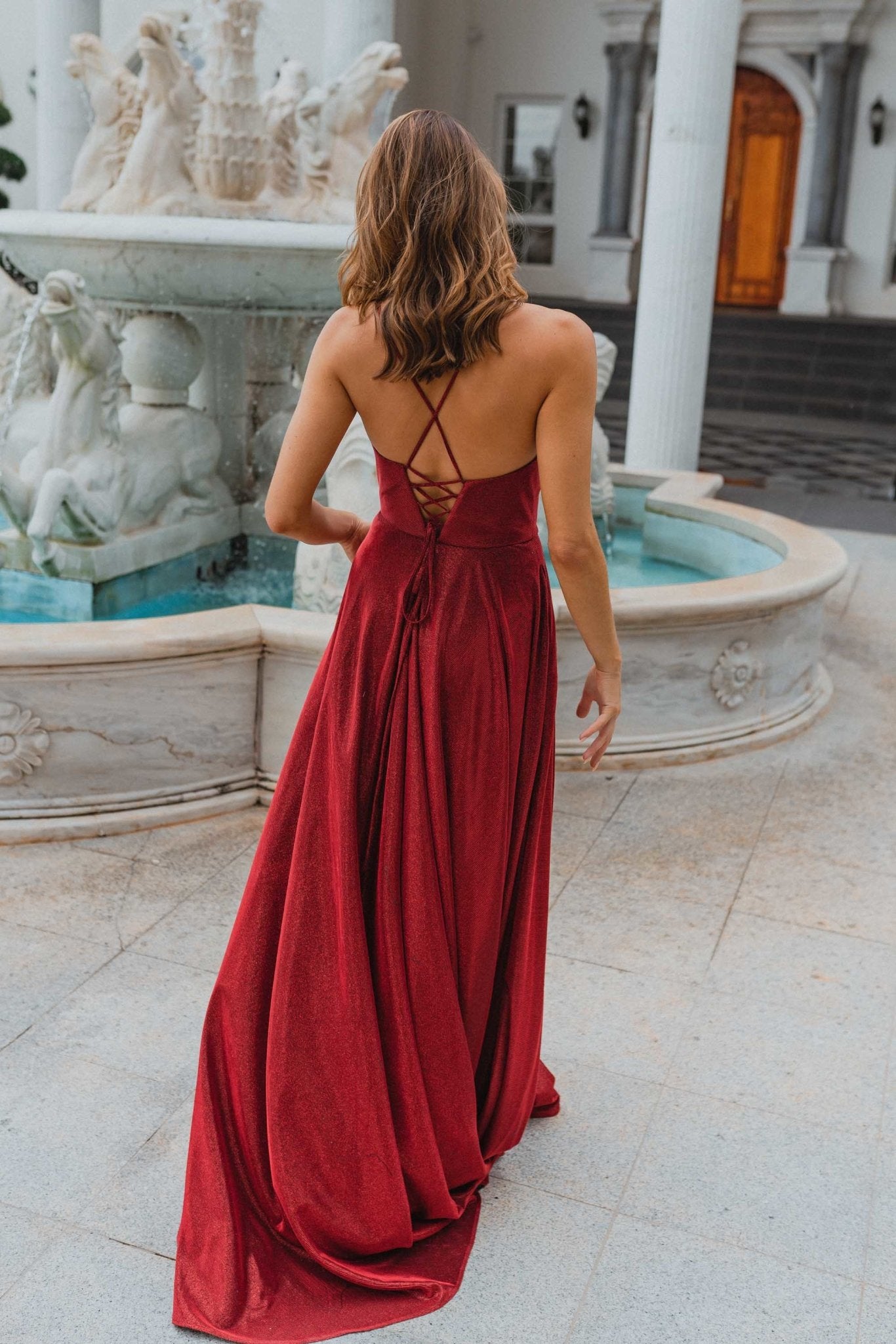 red windsor prom dress Melinda Satin Lace-Up Formal Dress