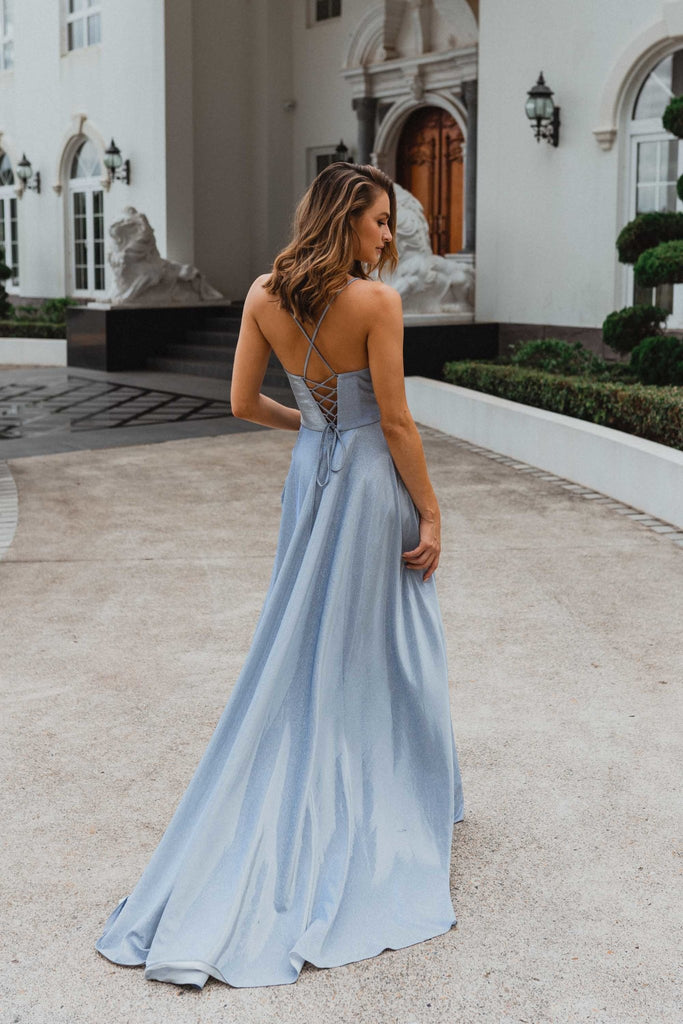 Monroe Lace Up Glitter Formal Dress – PO891 Pale Blue