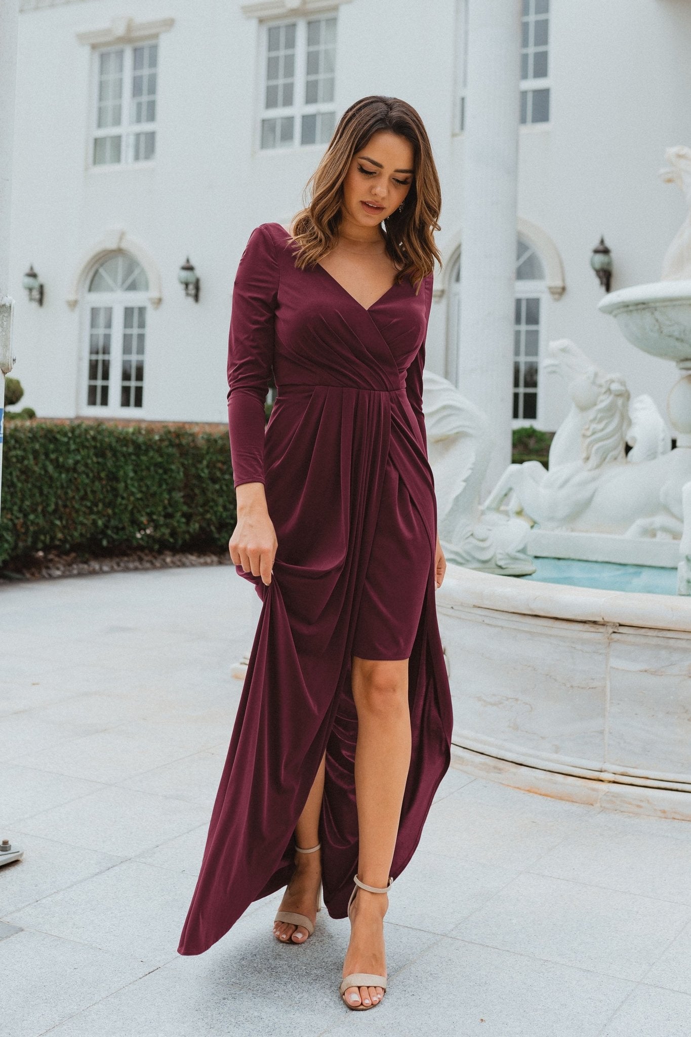 wine red dress long sleeves Burgundy Red Long Sleeves Evening Dresses