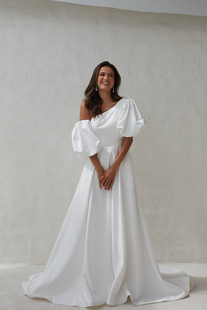 Nerina One Shoulder Puff Sleeve Wedding Dress by Tania Olsen Designs