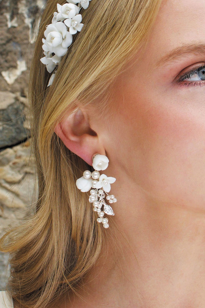 Olivia Porcelain Flower Drop Bridal Earrings - Silver