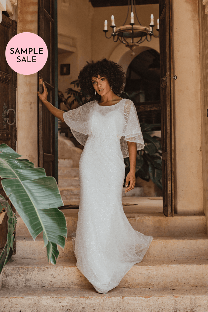 (SAMPLE SALE) Constantine Beaded Cape Wedding Dress – TC334