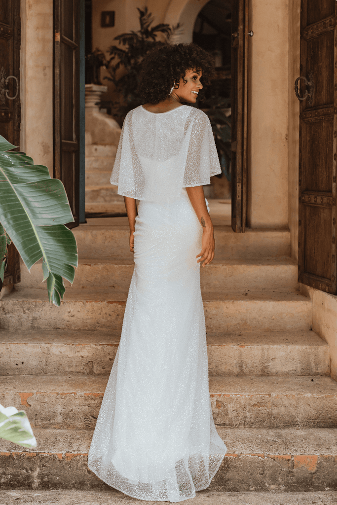 (SAMPLE SALE) Constantine Beaded Cape Wedding Dress – TC334