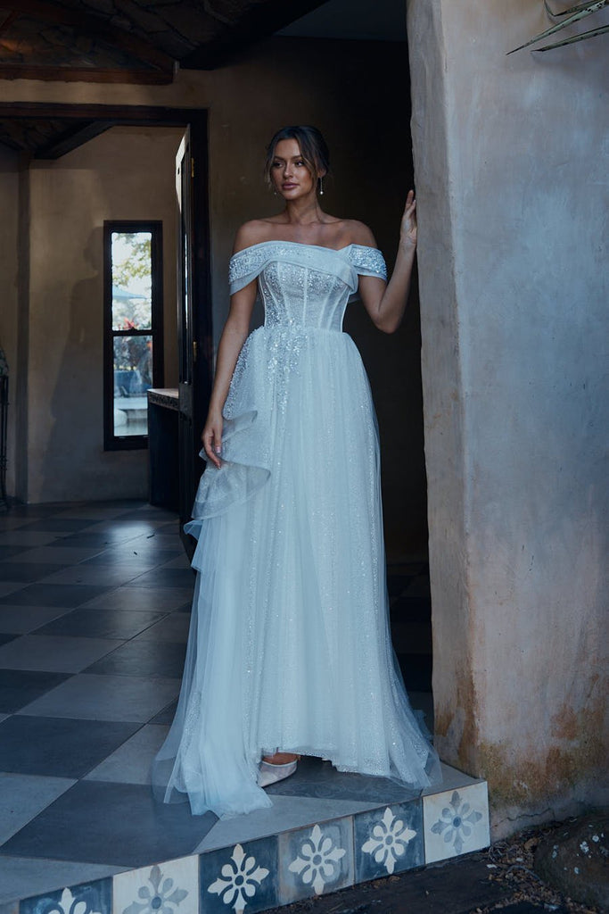 Seraphina Off-shoulder Glitter Tulle Wedding Dress – TC2339 by Tania Olsen Designs