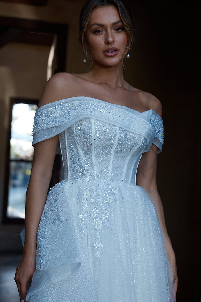 Seraphina Off-shoulder Glitter Tulle Wedding Dress – TC2339 by Tania Olsen Designs