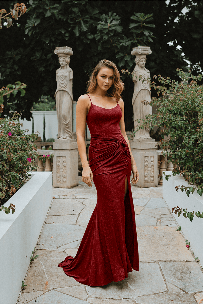 Shanghai Gathered Waist Glitter Formal Dress – PO907 Red