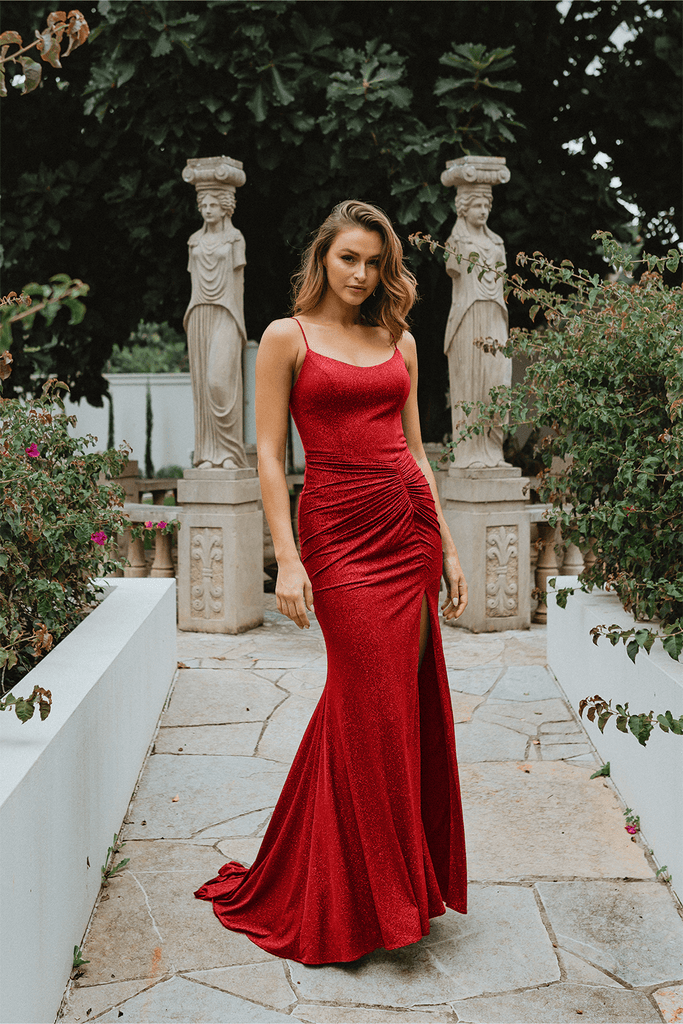 Shanghai Gathered Waist Glitter Formal Dress – PO907 Scarlet