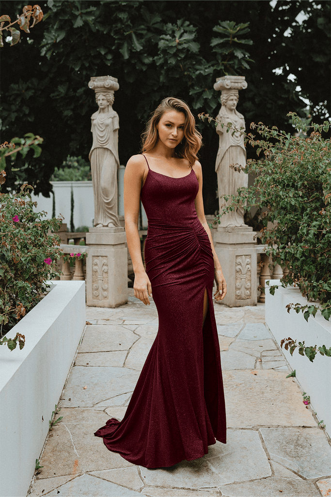 Shanghai Gathered Waist Glitter Formal Dress – PO907 Wine