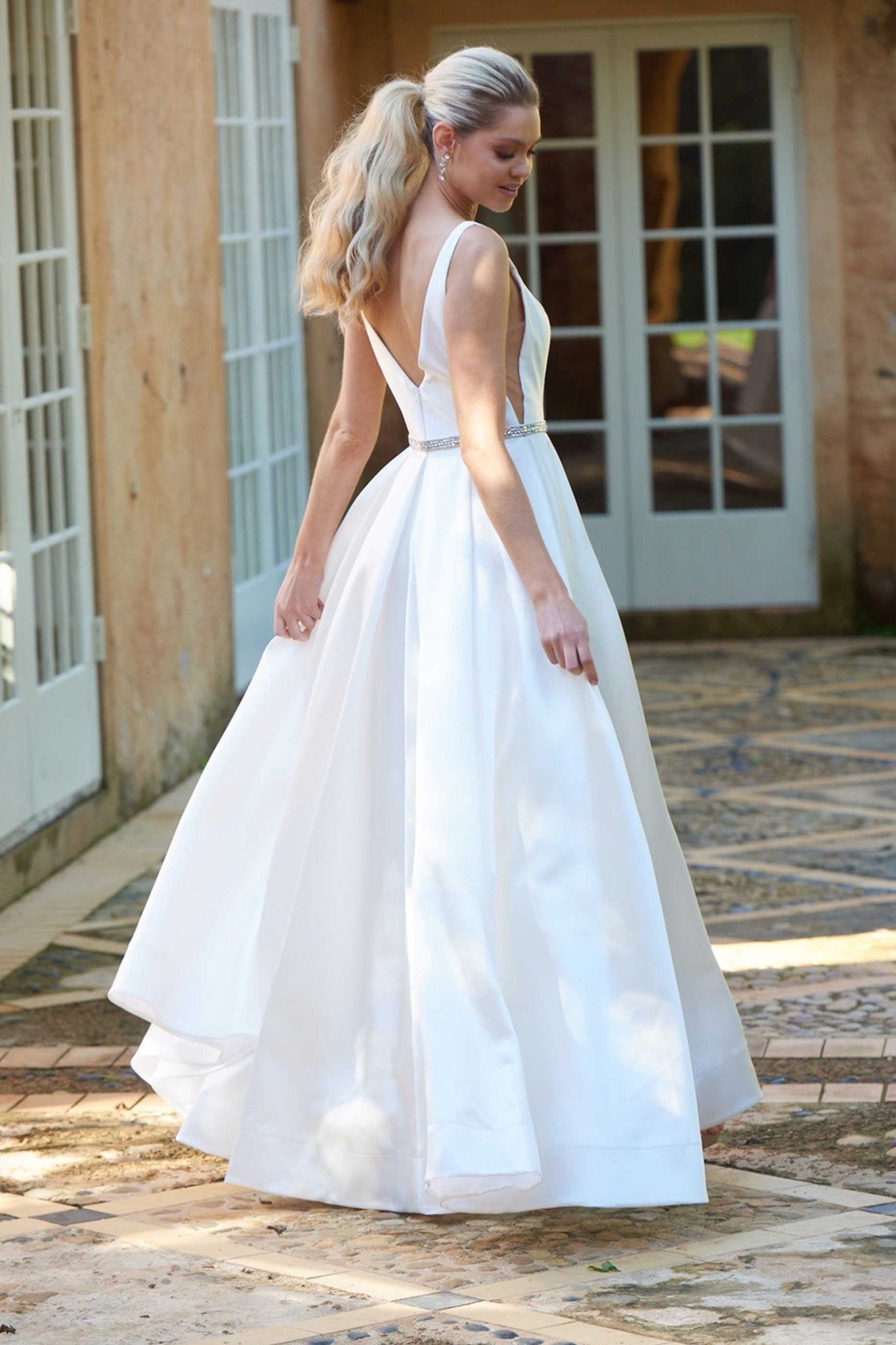 Pearls Organza Satin Wedding Dresses Long Puff Sleeve A Line Bridal Go –  TANYA BRIDAL