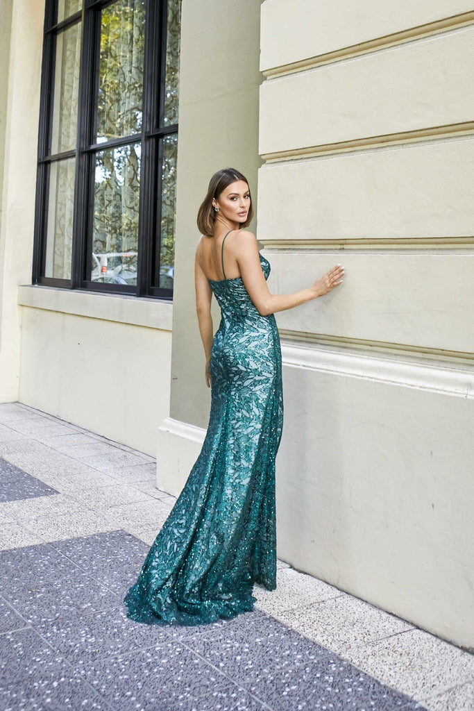 Terra Fitted Green Sequin Formal Dress – PO943