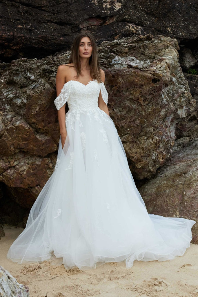 The Blossom Off-shoulder Lace Wedding Dress – TC395 by Tania Olsen Designs