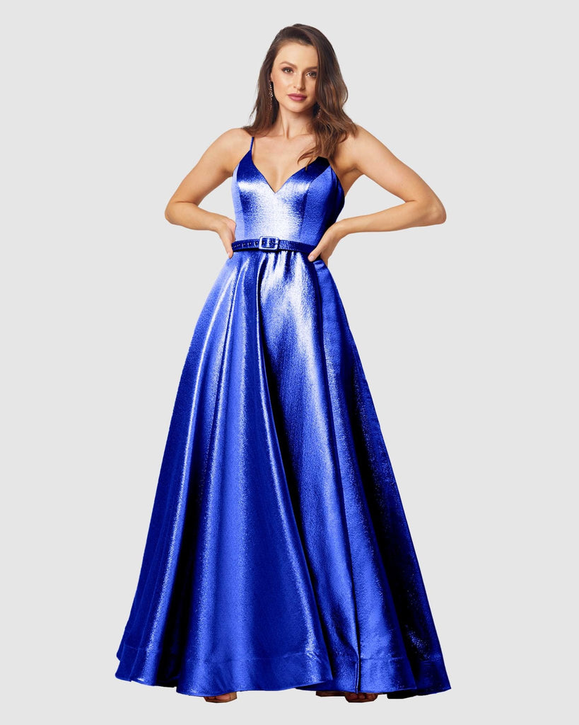 Valerie A-line Metallic Formal Dress – PO880 Cobalt by Tania Olsen Designs