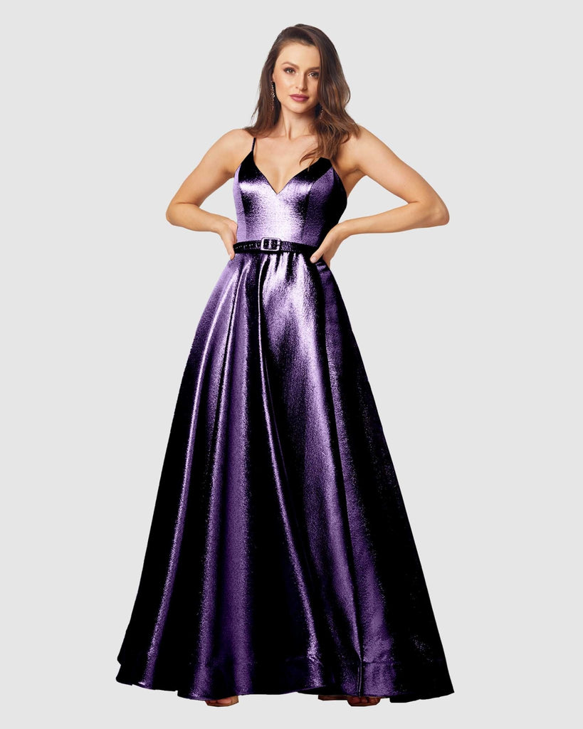 Valerie A-line Metallic Formal Dress – PO880 Eggplant