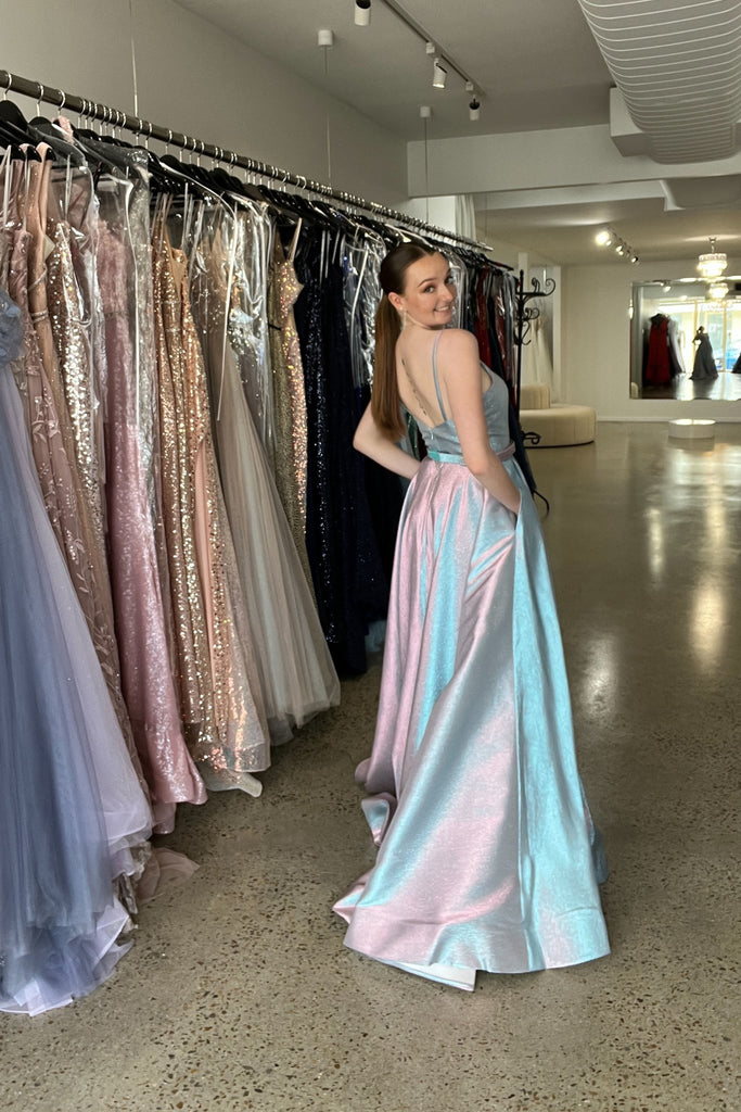 Valerie A-line Metallic Formal Dress – PO880 Pale Blue/Pink